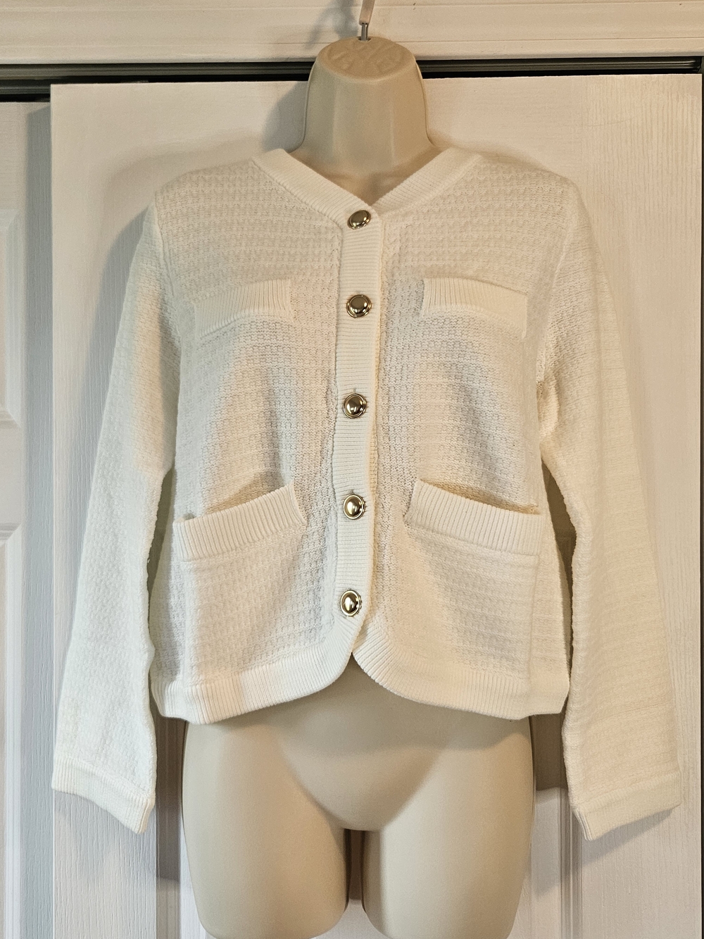 Free Assembly Textured Cardigan Sweater with Welt Pockets in white/cream